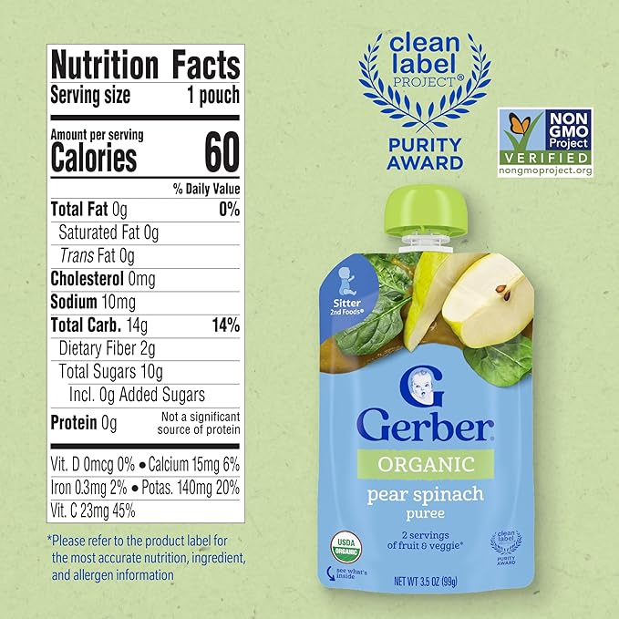 Gerber Stage 2 Baby Food, Organic Pear Spinach Puree Pouch, 2 Servings of Fruit and Veggie, No Added Sweetener, No Artificial Colors or Flavors, 12-Pack