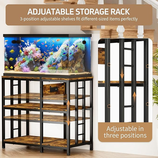 Reinforced 40-50 Gallon Aquarium Stand with Power Outlet | Ultra-Stable 750LBS Capacity Metal Fish Tank Stand for Reptile/Aquatic Setups, 5-Tier Adjustable 37"x19" Steel Shelving System