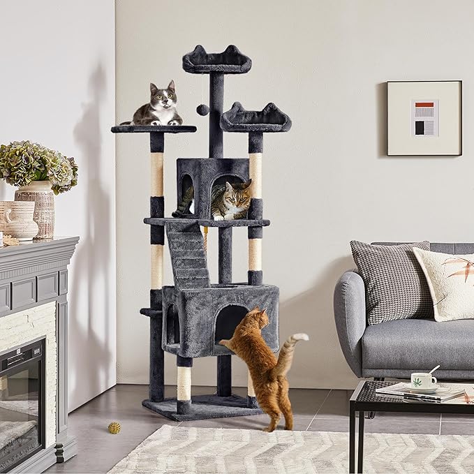 Yaheetech XL Cat Tree, 72in Multi-Level Cat Tower with 2 Cozy Caves, 3 Soft Perches, Scratching Posts, Board, and Dangling Ball, Pet Furniture Play House for Kittens/Cats, Dark Gray