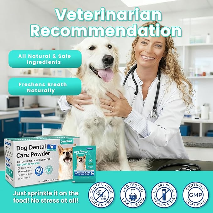 Dog Dental Powder for Teeth Cleaning, Dog Teeth Cleaning Powder for Dogs with Probiotic & Tartar Remover, Fresh Breath Support, No Brushing Oral Care, Chicken Flavor, 60ct