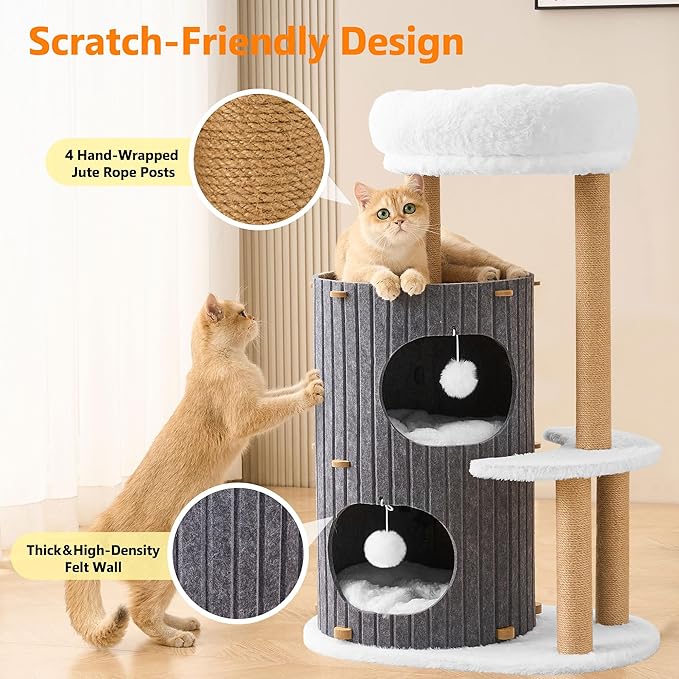 Modern Cat Tree for Indoor Cats Large Adult, 36in H Cat Condo Tower with Scratching Posts, Cozy Cat Bed Cave, Washable Cushions, Dangling Balls, Play&Nap Cat House for All Breeds of Cats, Gray