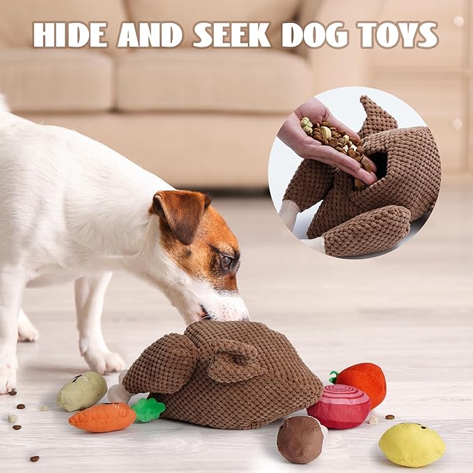 Nocciola 7 in 1 Stuffed Turkey Squeaky Fall Dog Toys, Soft Interactive Cognitive Enrichment Hide and Seek Dog Chew Toys for Large Medium Small Dogs, Cute Plush Pet Supplies 7 Packs