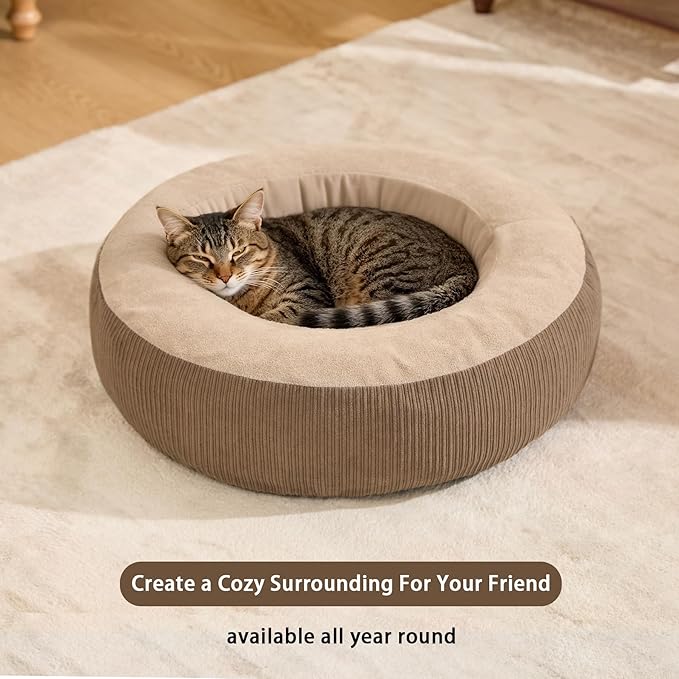 Calming Cat Bed with Anti-Slip Bottom, Washable Removable Round Cozy Pet Bed for Indoor Cats, Small Dogs, Kittens & Puppies 20”x20”x6”