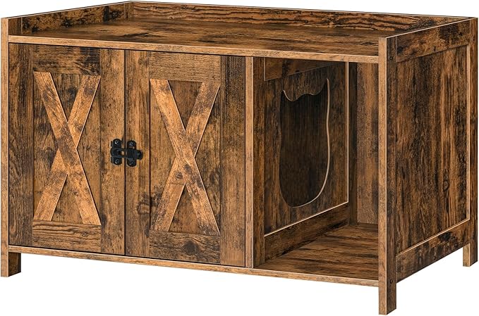 Cat Litter Box Enclosure, Hidden Litter Box Furniture with Divider, Indoor Cats House, Wooden Cat Washroom Storage Cabinet Bench, Side End Table Nightstand, Rustic Brown CWHR2501Z