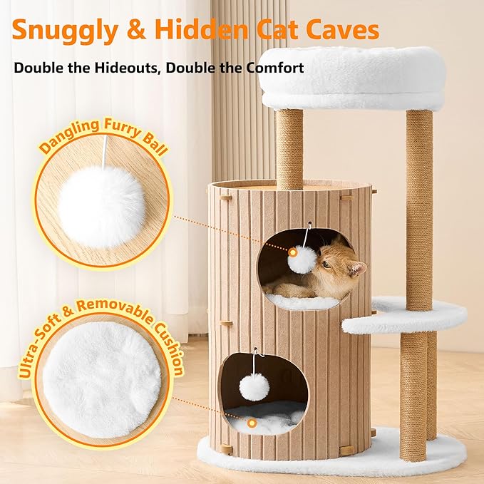 Modern Cat Tree for Indoor Cats Large Adult, 36in H Cat Condo Tower with Scratching Posts, Cozy Cat Bed Cave, Washable Cushions, Dangling Balls, Play&Nap Cat House for All Breeds of Cats, Brown