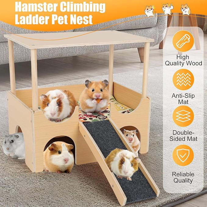 Guinea Pig Hideout Castle 2 Tierd Sturdy Wooden Hamster Castle Detachable Guinea Pig Hideout House with Ramp and Cushion Small Animal House Hut Habitats for Chinchillas Playing Hiding (Double Decker)