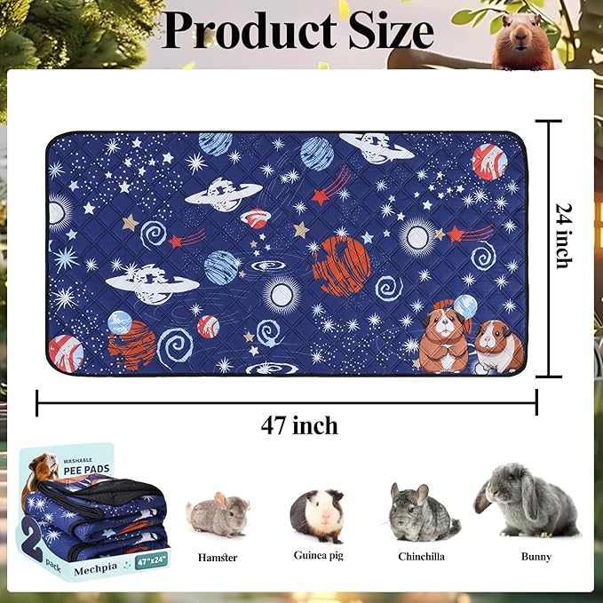 2 Pack Guinea Pig Cage Liners - Washable 47"X24" Bedding Pee Pad, Super Absorbent, Waterproof & Anti-Slip Reusable Mat for Rabbit, Hamster, Rat, Small Animal