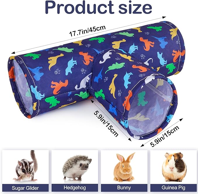 Bienbee Guinea Pig Tunnel, 3 Way Washable Guinea Pig Hideout,Foldable Rabbit Tunnel Guinea Pigs Toys for Bunny Hamster Chinchilla Ferret Rabbit Guinea Pigs Accessories Blue Dinosaurs