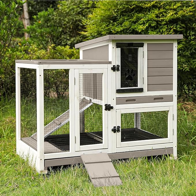 Aivituvin Large Rabbit Hutch with Removable Wire Netting, 2 Deep Trays, 4 Wheels, Sliding Door, and Extra Access Door - Mocca Color