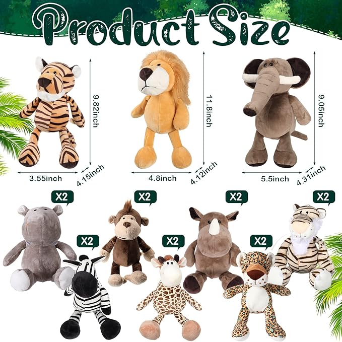 HyDren 20 Pcs Safari Stuffed Animals 11.8'' Plush Jungle Wild Animals Cute Elephant Giraffe Lion Tiger Monkey Stuff Animals Soft Plush Animals in Bulk Stuffed Animals Toy for Toddler Baby Jungle Party