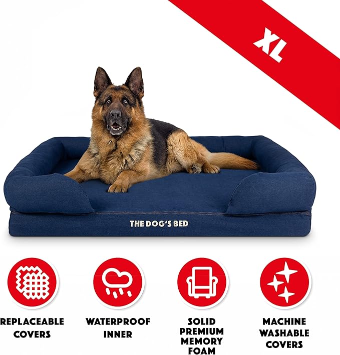 The Dog’s Bed, XL Blue Denim 43.5x34, Memory Foam, Pain Relief: Arthritis, Hip & Elbow Dysplasia, Post Surgery, Lameness, Supportive, Calming, Waterproof Washable Cover, Veterinary Approved