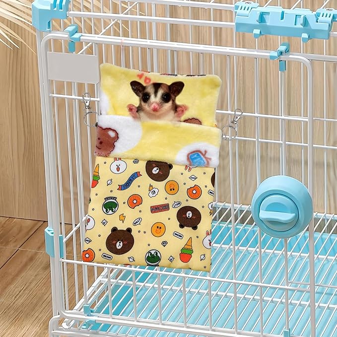 Sugar Gliders Sleeping Pouch Bag Hamster Cotton Hanging Flannel Warm Bed Hideout with Hooks Glove Small Pet Nest Bed for Squirrel Rat Hedgehog,Yellow