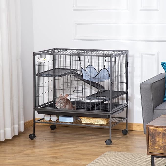 PawHut Small Animal Cage with Wheels, Pet Playpen for Rat, Syrian Hamster, Kitten, Ferrets, Chinchillas with Bottom Storage Shelf, Removable Tray, Ramp, 31.5" x 20.5" x 33.1"