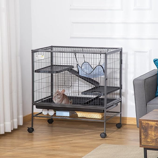 PawHut Small Animal Cage with Wheels, Pet Playpen for Rat, Syrian Hamster, Kitten, Ferrets, Chinchillas with Bottom Storage Shelf, Removable Tray, Ramp, 31.5" x 20.5" x 33.1"