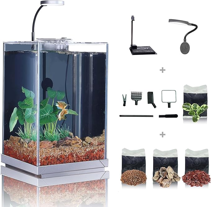 Nano Desktop Betta Fish Tank Set, 2.7 Gallon Glass Aquarium Hidden Bottom Filtration System Self Cleaning Filter Light Gravel Plant Cleaning Tool, for Small Space Easy Setup Space-Saving Design
