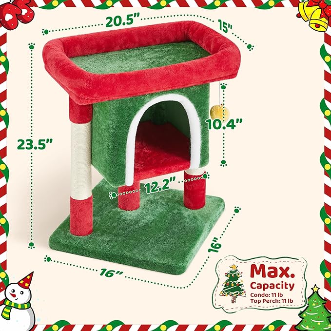 Yaheetech Christmas Themed Cat Tree 23.5in, Cat Tower with Wide Perch, Spacious Condo, Scratching Posts for Large Kitty, Indoor Activity Center Pet Furniture Decoration, Red/Green