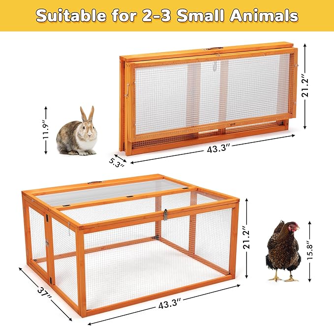 COZIWOW Portable Chicken Coop with UV-Proof Panel, 4X Garden Stakes, Wooden Rabbit Hutch, Chicken Brooder Indoor, Outdoor Folding Chicken Cage, Top & Side Openable Doors, 43.3Inch (Orange)