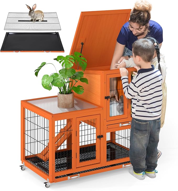 COZIWOW Rabbit Cage Indoor with Wire Bottom, 2-Level Large Wooden Bunny Hutch on Wheels Outdoor for Multiple Small Animals, Orange + Colorful Patterns