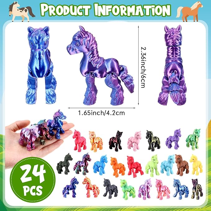 Honoson 24 Pcs 3D Printed Horse Fidget Toy 3D Printed Small Animal Toy Flexible Cute Articulating Pet Stress Relief Fidget Toys for Play and Display