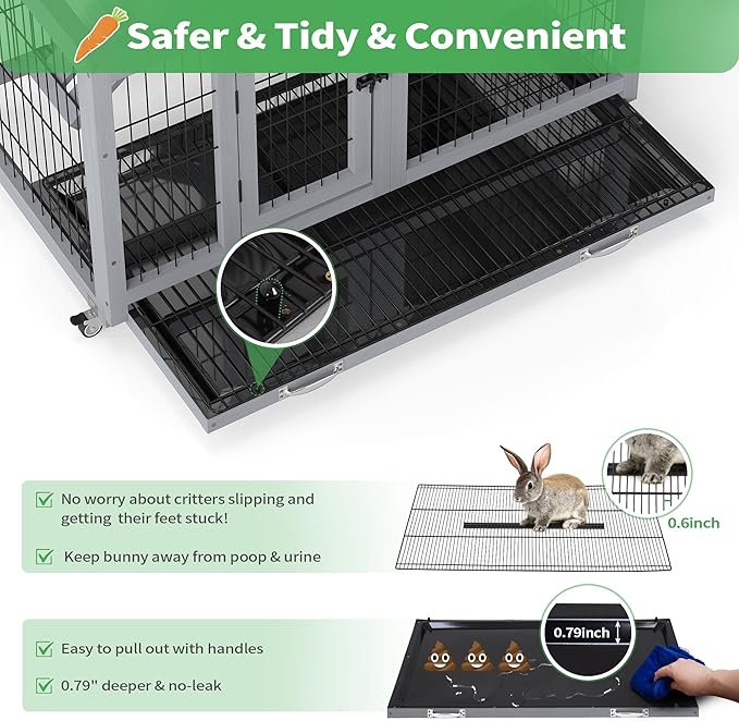 COZIWOW Rabbit Hutch Indoor with Wire Bottom, 2-Level Large Wooden Bunny Cage on Wheels Outdoor for Multiple Small Animals, Grey + Colorful Patterns