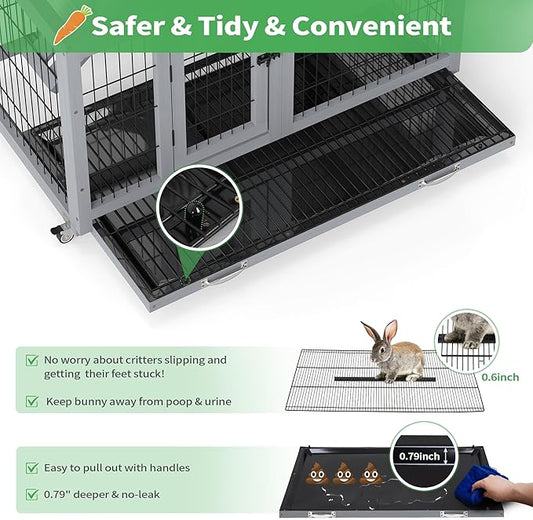 COZIWOW Rabbit Hutch Indoor with Wire Bottom, 2-Level Large Wooden Bunny Cage on Wheels Outdoor for Multiple Small Animals, Grey + Colorful Patterns