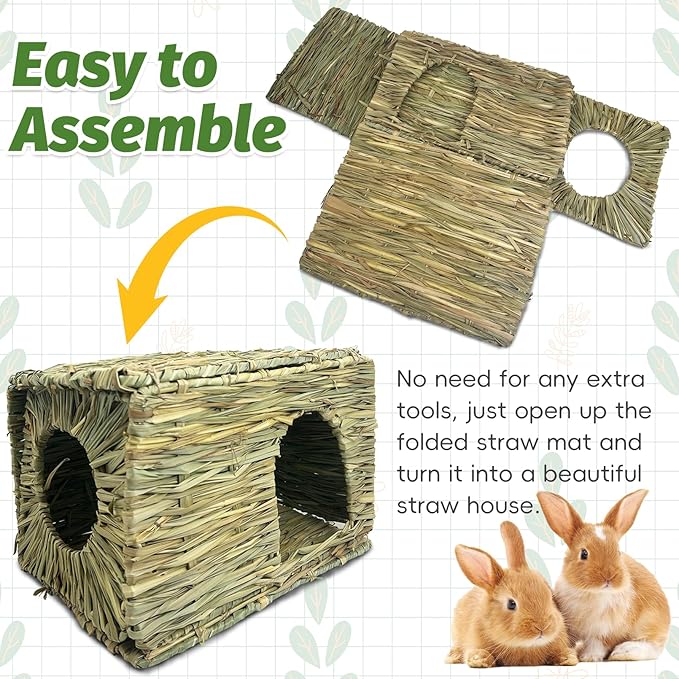 Hamiledyi Large Rabbit Grass House Hand Woven Natural Bunny Hut Foldable Play Bed Safe Cozy Hideaway Hay Mat Chew Toys for Hamster Guinea Pig Chinchilla Gerbil Ferret