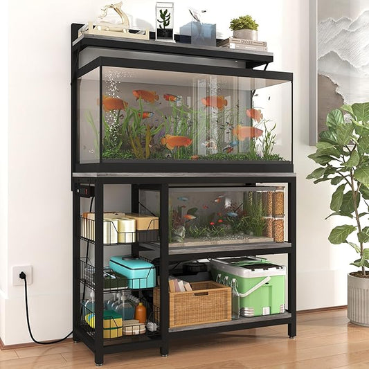 Aquarium Stand with Power Outlets,55-70 Gallon Fish Tank Stand with 3 Baskets,2 Storage Shelf , 5-Tier Heavy Duty Metal Tank Stand Suitable for Turtle Tank, Reptile Terrarium