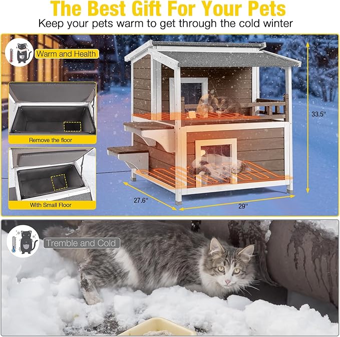 Aivituvin Heated Outdoor Cat House for Outside Insulated Feral Cat Shelter Weatherproof with Heated and Insulated Liner 2 Story（Brown）