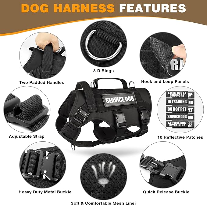 WINSEE Tactical Dog Harness with Dog Leash, Dog Collar, Service Working MOLLE Vest with 10 Pet Patches for Large Dog, No Pull Military Harness and Backpack with Airtag Holdler