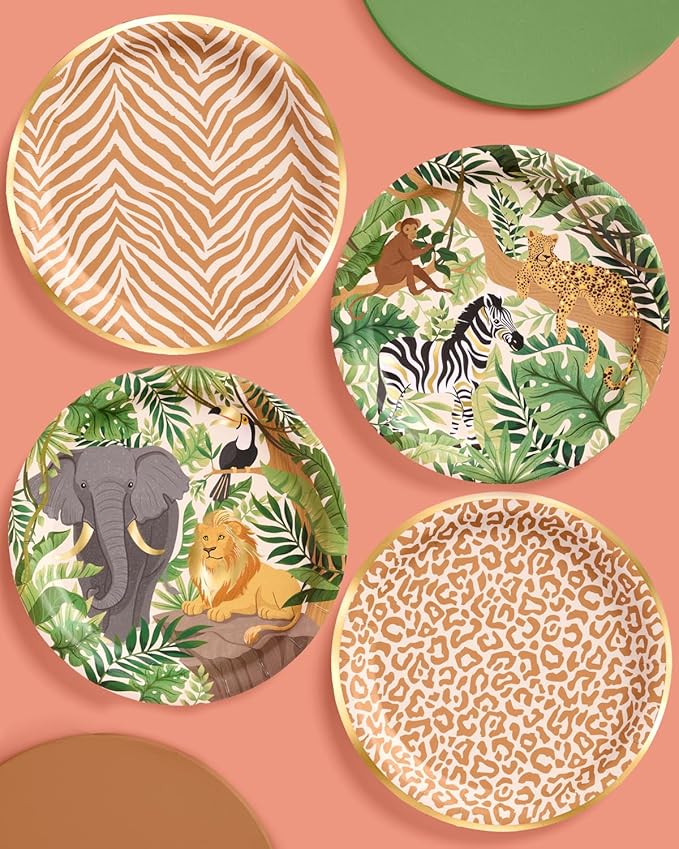 xo, Fetti Animal Print Safari Paper Plates, 4 Designs | 24 pcs 9" | Kids Decorations, Jungle Party Setting, Wild Birthday Decor, Rainforest Tablescape, Zoo Table Decor