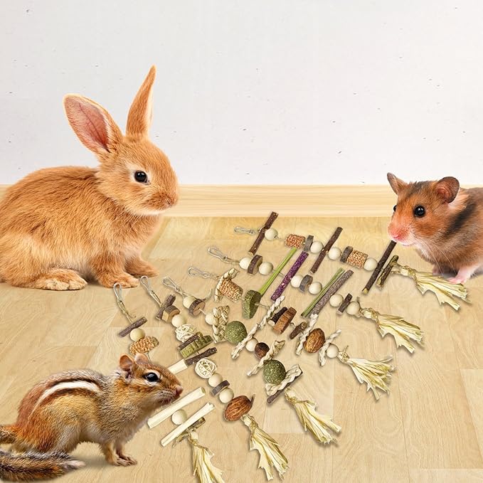 6PCS Bunny Chew Toys, Hamster Rabbit Cage Hanging Chew Toys, Natural Apple Wood Bunnies Treats, Improve Small Animal Teeth Health for Guinea Pig Chinchilla Ferret Rats Gerbil