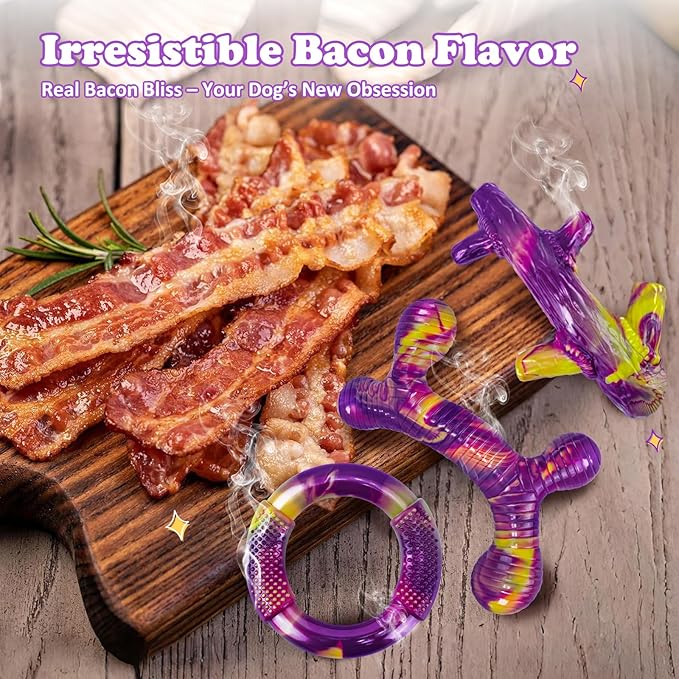 Indestructible Dog Toy 3Pack, Dog Chew Toys for Aggressive Chewers, Tough Dog Toys to Keep Them Busy for Medium Large Breed, Bacon Flavor (Purple)
