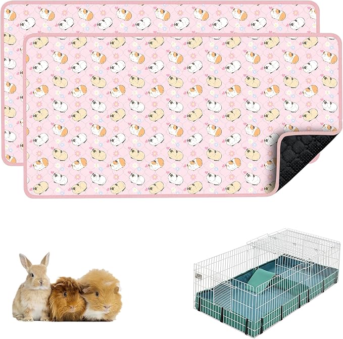 Guinea Pig Bedding, 49x24 2Pack Guinea Pig Fleece Cage Liner, Washable Waterproof Reusable & Anti Slip, Absorbent Guinea Pig Pee Pad for Small Animal, Rabbit, Bunny, Chinchilla, Pink