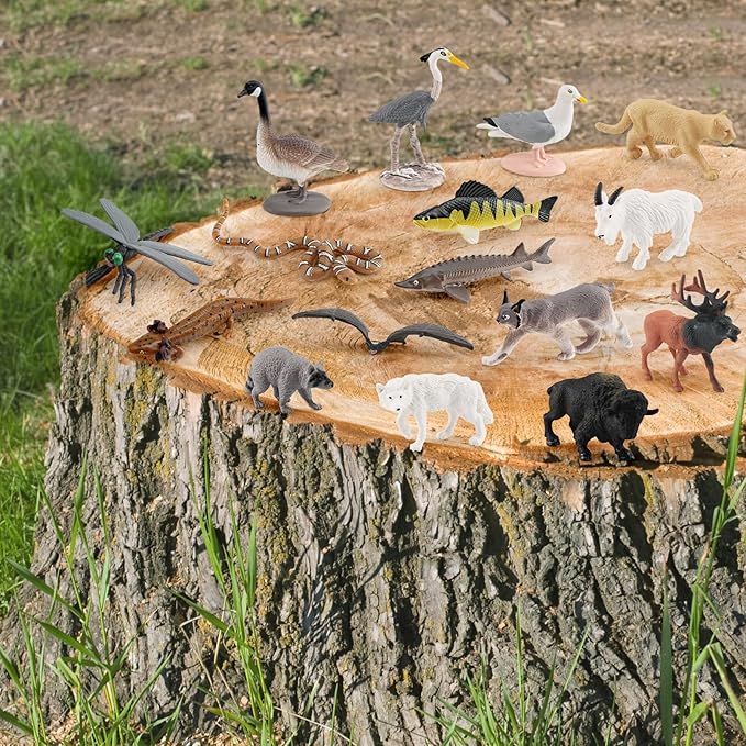 1-2 Inch North American Great Lakes Animals Set for Cake Topper Mini Biome Animals Figurines Set Plastic Water Snake Bat Goose Figurines Dragonfly Figure Toy Gift for Kid Toddlers