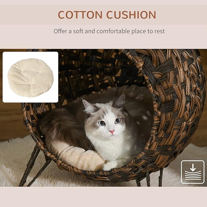 PawHut 20.5" Weaved Cat Bed, Elevated Hand-Woven Braided Banana Leaf Kitten House Condo with Cushion, Brown