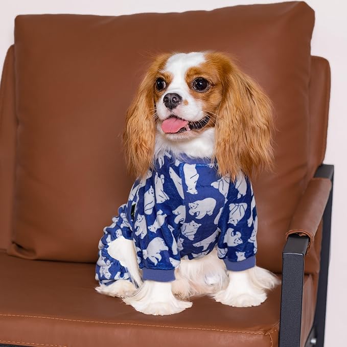 Fitwarm Polar Bear Dog Pajamas, Dog Clothes for Small Dogs Girl Boy, Pet Onesie with Feet, Cat Outfit, Lightweight Velvet, Royal Blue, White, Small
