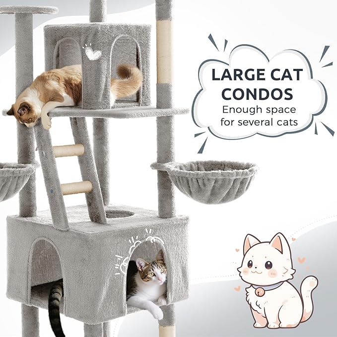75.5" Cat Tree Tower for Indoor Cats Large Adult,Tall Modern Cat Tree for Big Cats, Plush Multi-Level Cat House Condos with Scratching Posts, Hammocks, Ladder (Light Grey)