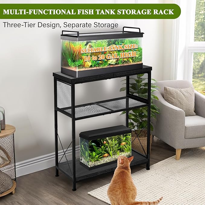 LALA IKAI Fish Tank Stand, 10-20 Gallon Metal Aquarium Stand Table with 2 Tiers Storage Shelf, 4-Leg Reptile Tank Stand, Black