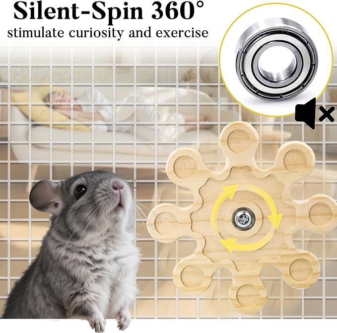 Rotating Natural Wood Chinchilla Chew Toys for Teeth, Interactive Enrichment Toys, Hanging Exercise Chinchilla Toys for Cage for Playtime, Spinner Cage Accessories Wheel (1pc Snow)