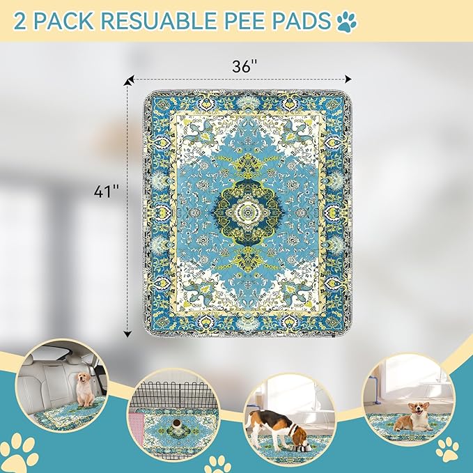Reusable Pee Pads for Dogs: Waterproof Non-Slip Puppy Pad with Fast Absorbent, Reusable Mat for Training Whelping Housebreaking Incontinence Crate, 2 Pack 36'' x41''