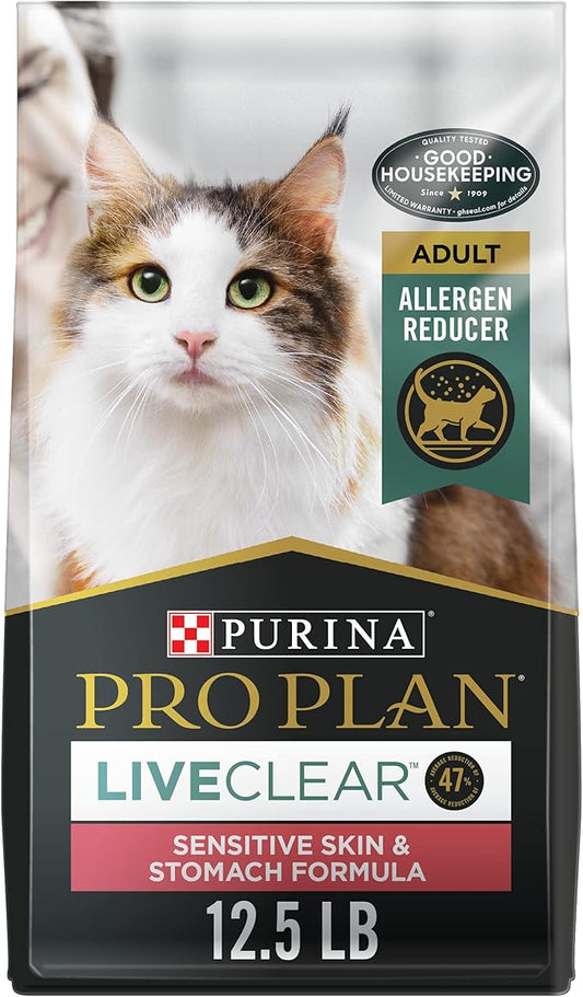 Purina Pro Plan Allergen Reducing, Sensitive Skin & Stomach, High Protein Cat Food, LIVECLEAR Turkey and Oatmeal Formula - 12.5 lb. Bag