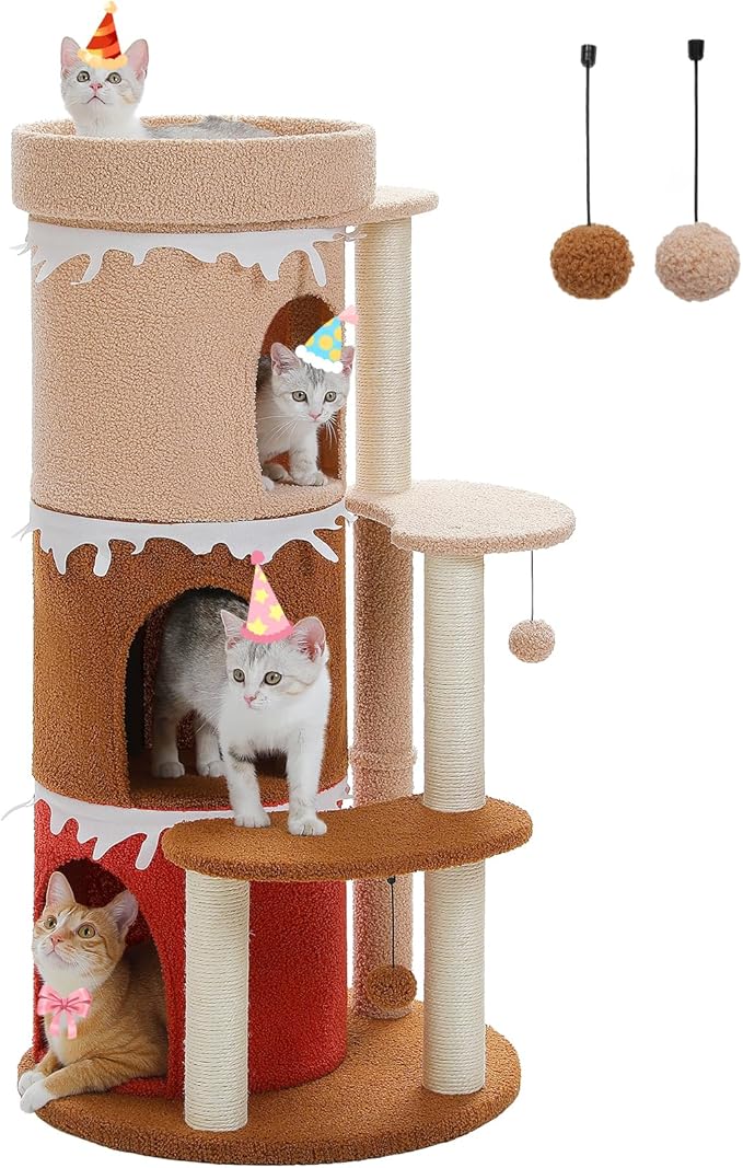PETEPELA 43'' Cat Tree for Indoor Large Cats, Cat Bed House with 3 Large Cat Condos and Sisal Covered Scratching Posts for Kittens,Browm