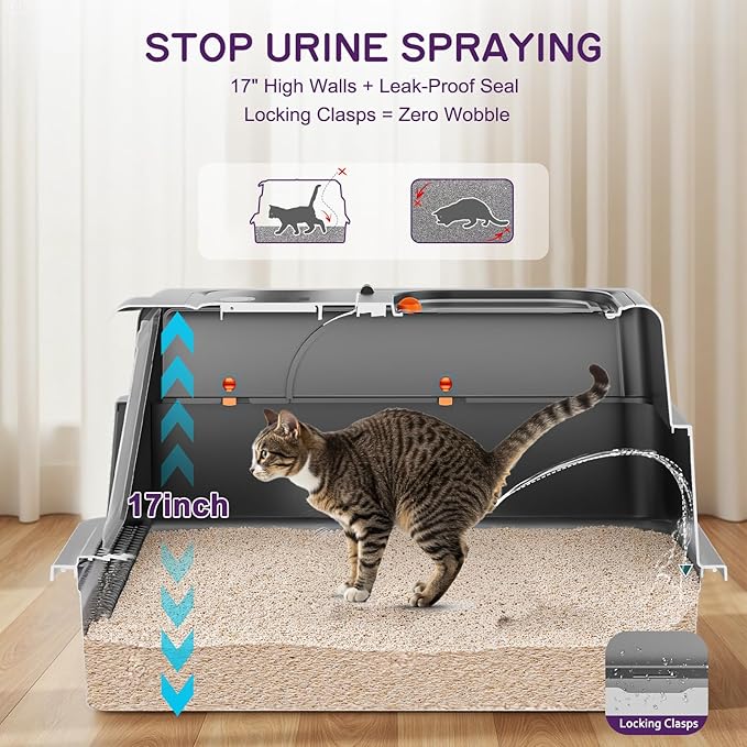 Stainless Steel Litter Box with Lid, 28" XXXL Large Cat Litter Box Enclosed for Multiple Cats, Odor Control with Carbon Filters, Anti-Leak High Sided, Includes Removable Lid & Scoop, Black