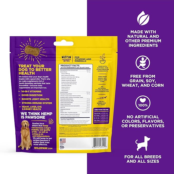 WildPaw WonderBites for Vitamins & Minerals - Essential Probiotic Supplement for Dog Care - Soft Chew Dog Multivitamin - Supports Digestive Health, Immune Health & Joint Health - 90 Soft Chews