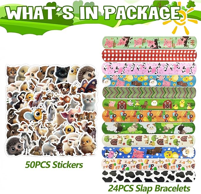 74PCS Farm Animals Party Favor 50PCS Barnyard Party Stickers&24PCS Slap Bracelets Farm Animals Birthday Supplies Team Gift Fillers School Classroom games Rewards Supplies