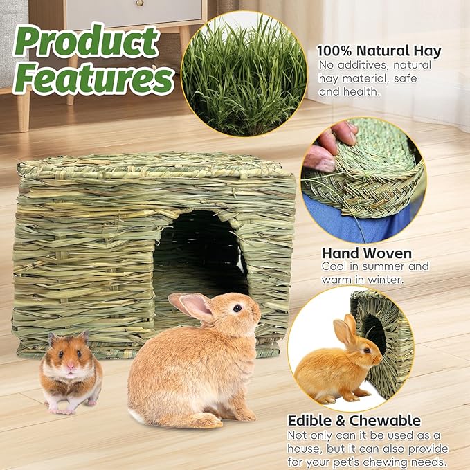 Hamiledyi 2 Pack Large Rabbit Grass House Hand Woven Natural Bunny Hut Foldable Play Bed Safe Cozy Hideaway Hay Mat Chew Toys for Hamster Guinea Pig Chinchilla Gerbil Ferret