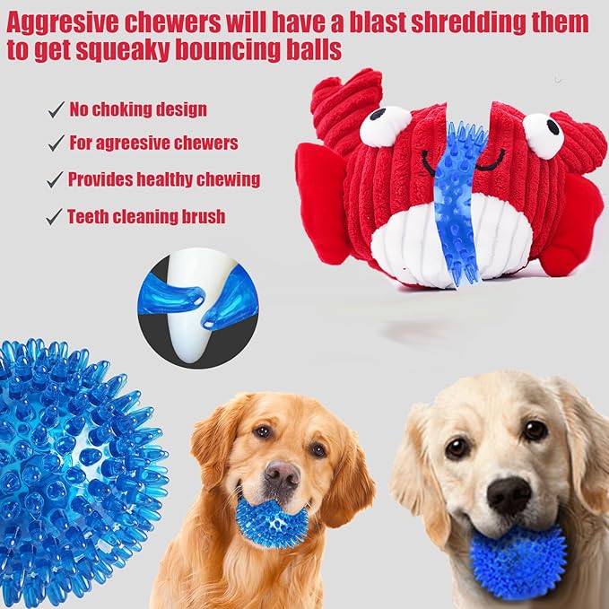Squeak Dog Toys for Aggressive Chewers, No Stuffing Squeak Dog Chew Toys for Aggressive Chewers, Interactive Dog Toy Ball with Crinkle Paper for Medium Dogs, Large & Small Breeds (E-Crab+Fish)