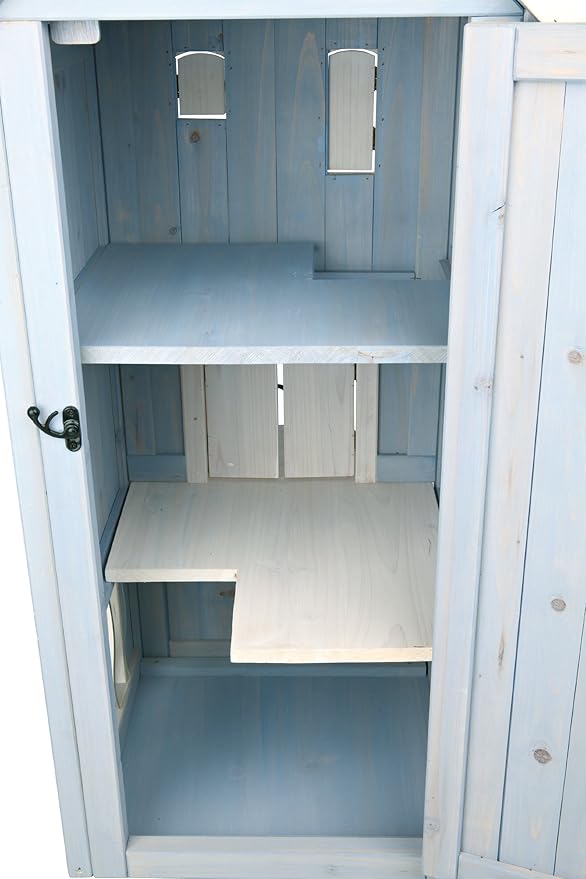 TRIXIE 'Cat's Home' Outdoor Cat House, Weatherproof 3-Story Cat House, Hinged Shutters with Latch & Perch, 2 Doors, Outdoor Shelter for Cats and Small Animals, Blue / White Pine Wood