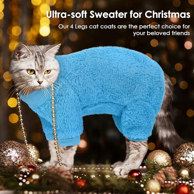 SUNFURA Sphynx Hairless Cat Sweater, Full Body Warm Fleece Sweaters with Sleeves for Cats, Soft Turtleneck Cat Clothes, Cozy Pullover Pajamas for Hairless Cats Devon, Donskoy & Small Dogs, Blue S
