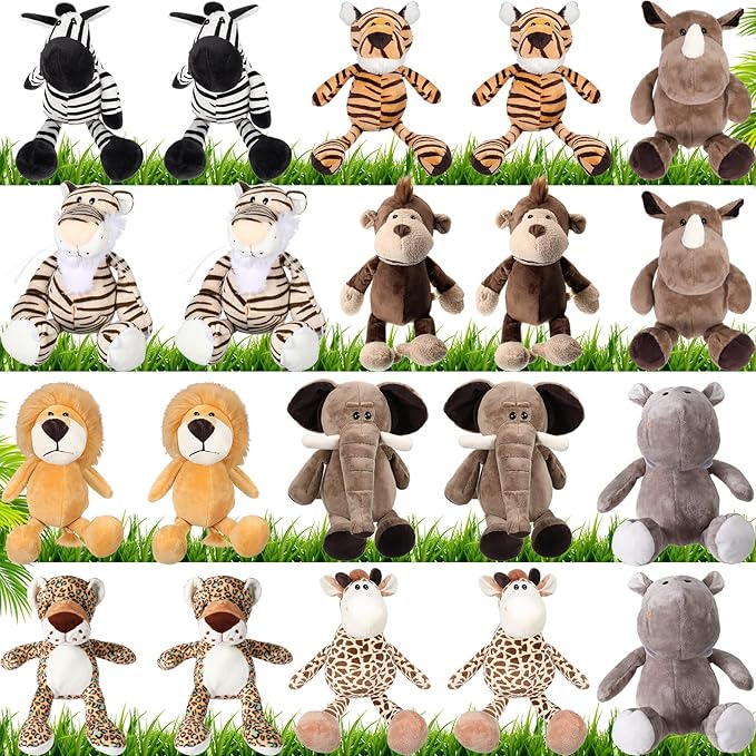 HyDren 20 Pcs Safari Stuffed Animals 11.8'' Plush Jungle Wild Animals Cute Elephant Giraffe Lion Tiger Monkey Stuff Animals Soft Plush Animals in Bulk Stuffed Animals Toy for Toddler Baby Jungle Party